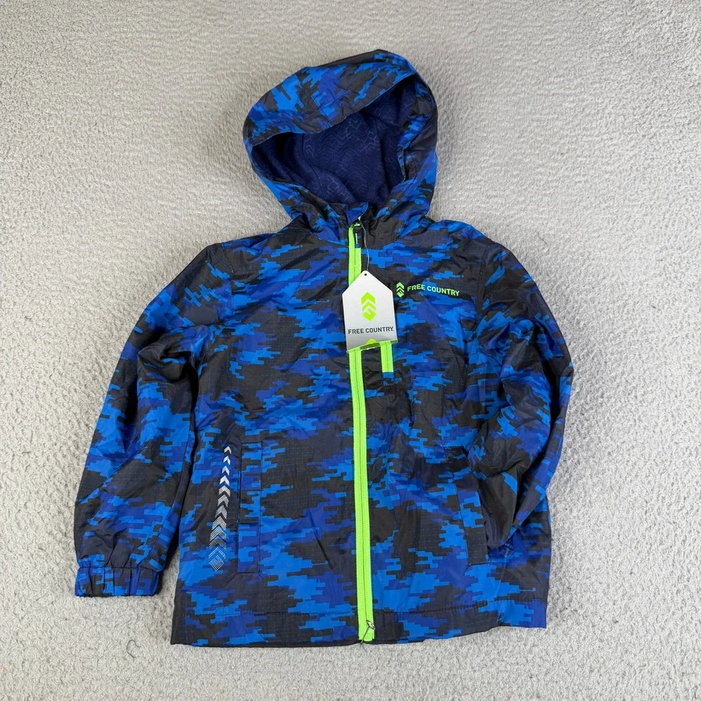 Free Country Jacket Boy XS 5/6 Blue Digital Camo Windshear Hood Fleece Lined Zip